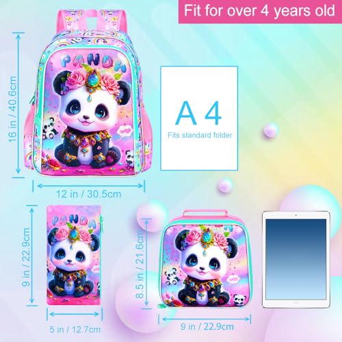 Image of 3Pcs Girls Backpack, 16 inch Kids Bookbag with Lunch Box,Panda School Backpacks for Elementary Preschool Kindergarten (Pink)