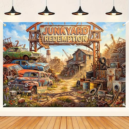 HANYING Junkyard Redemption VBS 2026 Backdrop 7x5ft Junkyard Workshop Theme Decoration Photo Background Vacation Bible School Backdrop for Classroom Summer Portrait Booth Props HY0162YL