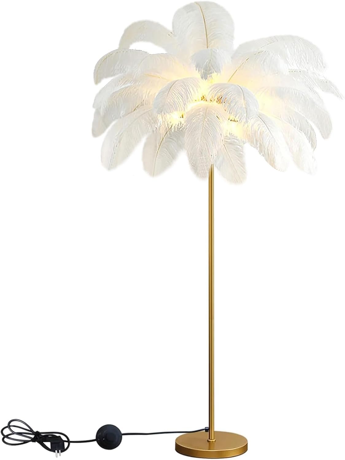 Lampa podłogowa z piór 160 cm z żarówką G4-LED, lampa stojąca z piór z włącznikiem nożnym, elegancka lampa podłogowa z naturalnego pióra strusia do sypialni, salonu, biała