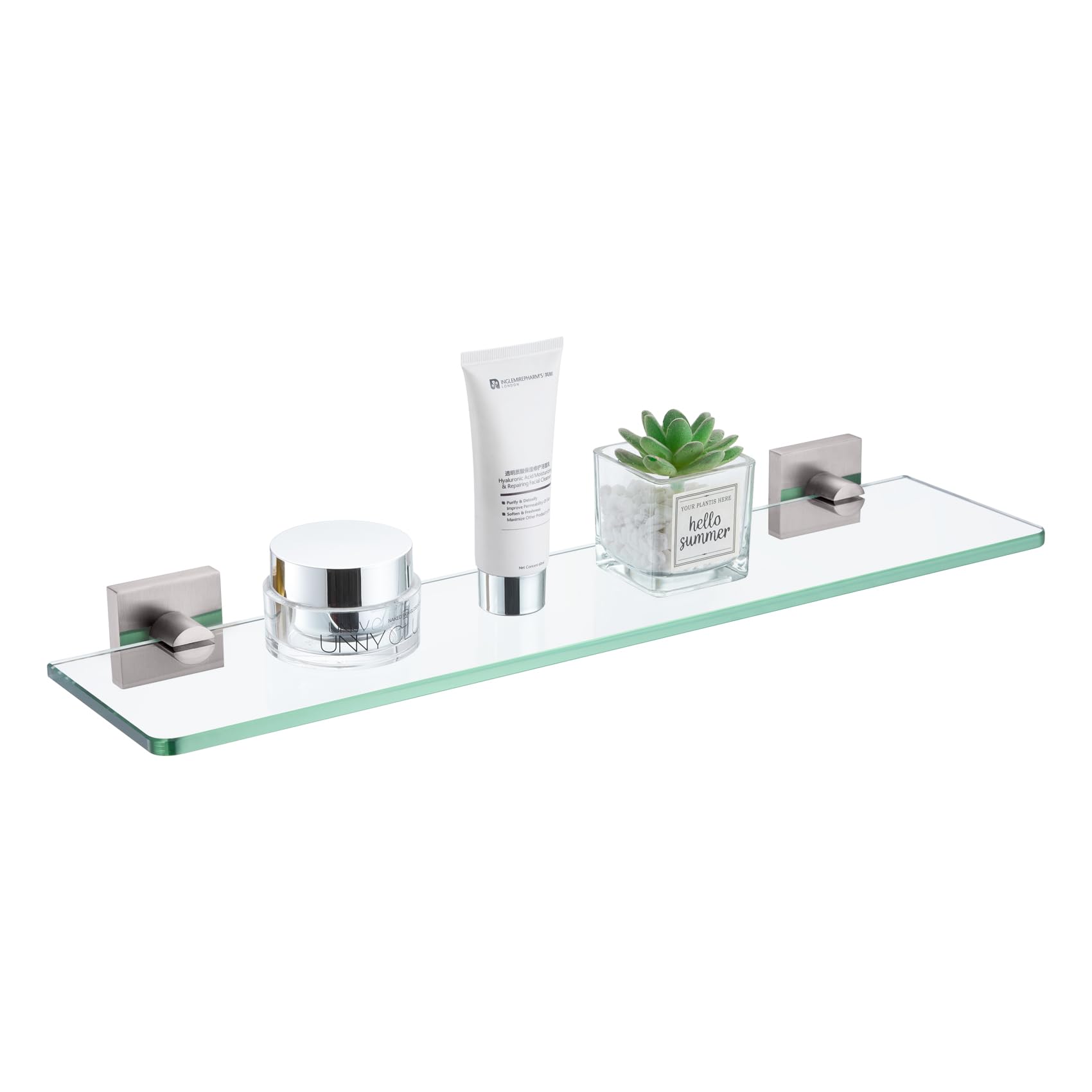 KOKOSIRI Floating Shelves Wall Mount 20-Inch Bathroom Tempered Glass Shelf for Kitchen Storage Shower Hanging Rack, Brushed Stainless Steel B1107BR-L20