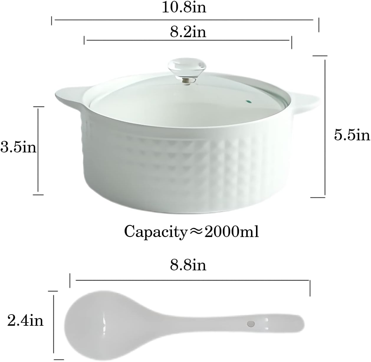 Ceramic Serving Soup Tureen with Glass Lid and Ceramic Ladle Set 2L Large Porcelain Serving Soup Bowls for Home Kitchen Restaurant Decoration, White, 2 Quart, Modern