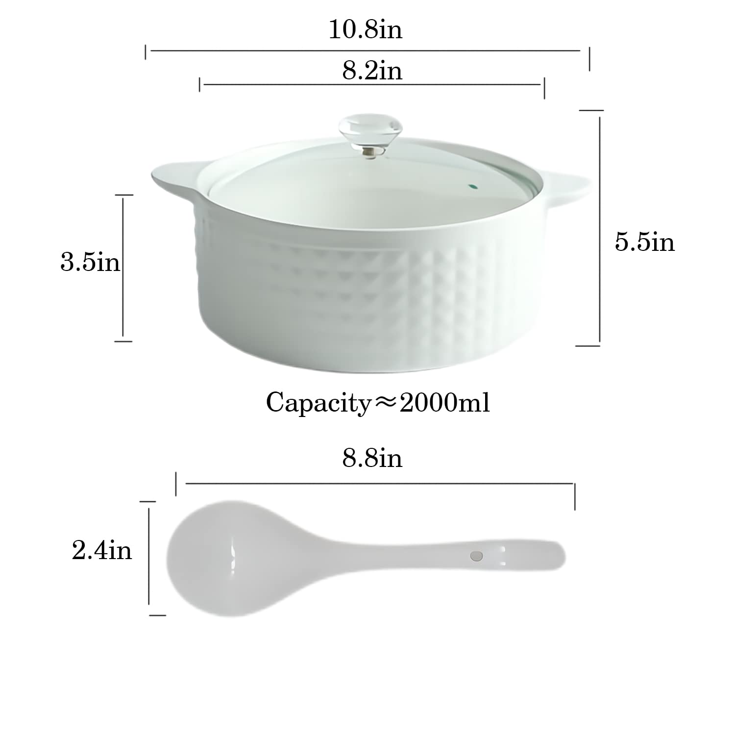 WEMUBSU Ceramic Serving Soup Tureen with Glass Lid and Ceramic Ladle Set 2L Large Porcelain Serving Soup Bowls for Home Kitchen Restaurant Decoration, White, 2 Quart, Modern
