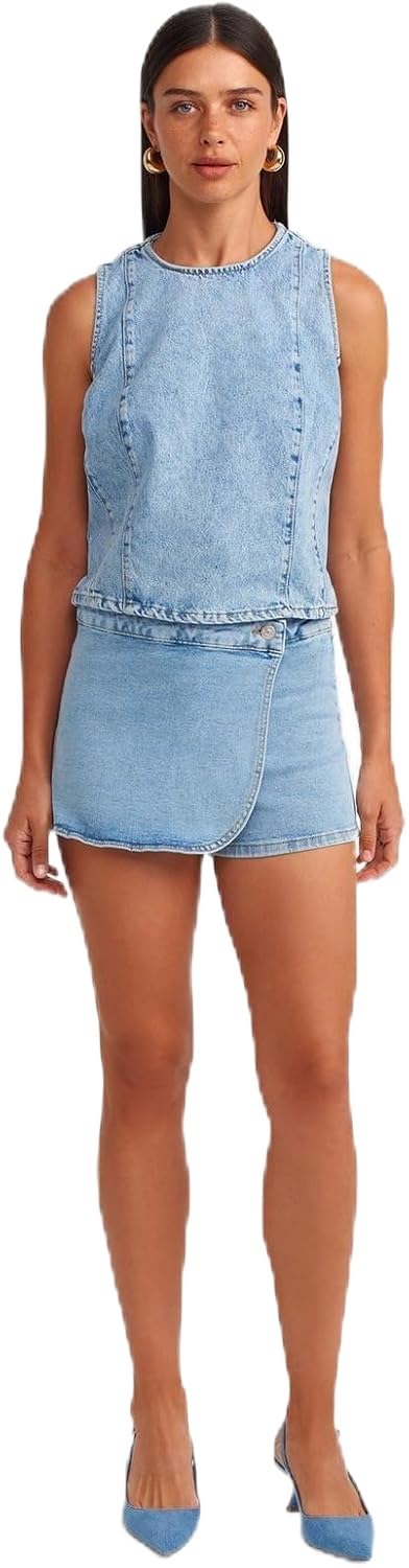Dilvin Kruvaze Denim Şort Etek, 36, 101A71508, Mavi, Kadın