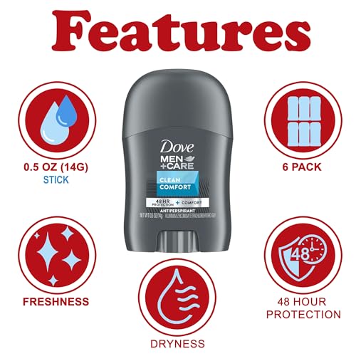 DOVE MEN + CARE Antiperspirant Deodorant Stick, 6 Pack Travel Size, Clean Comfort 48-Hour Sweat & Odor Protection Antiperspirant for Men, 0.5 oz Each