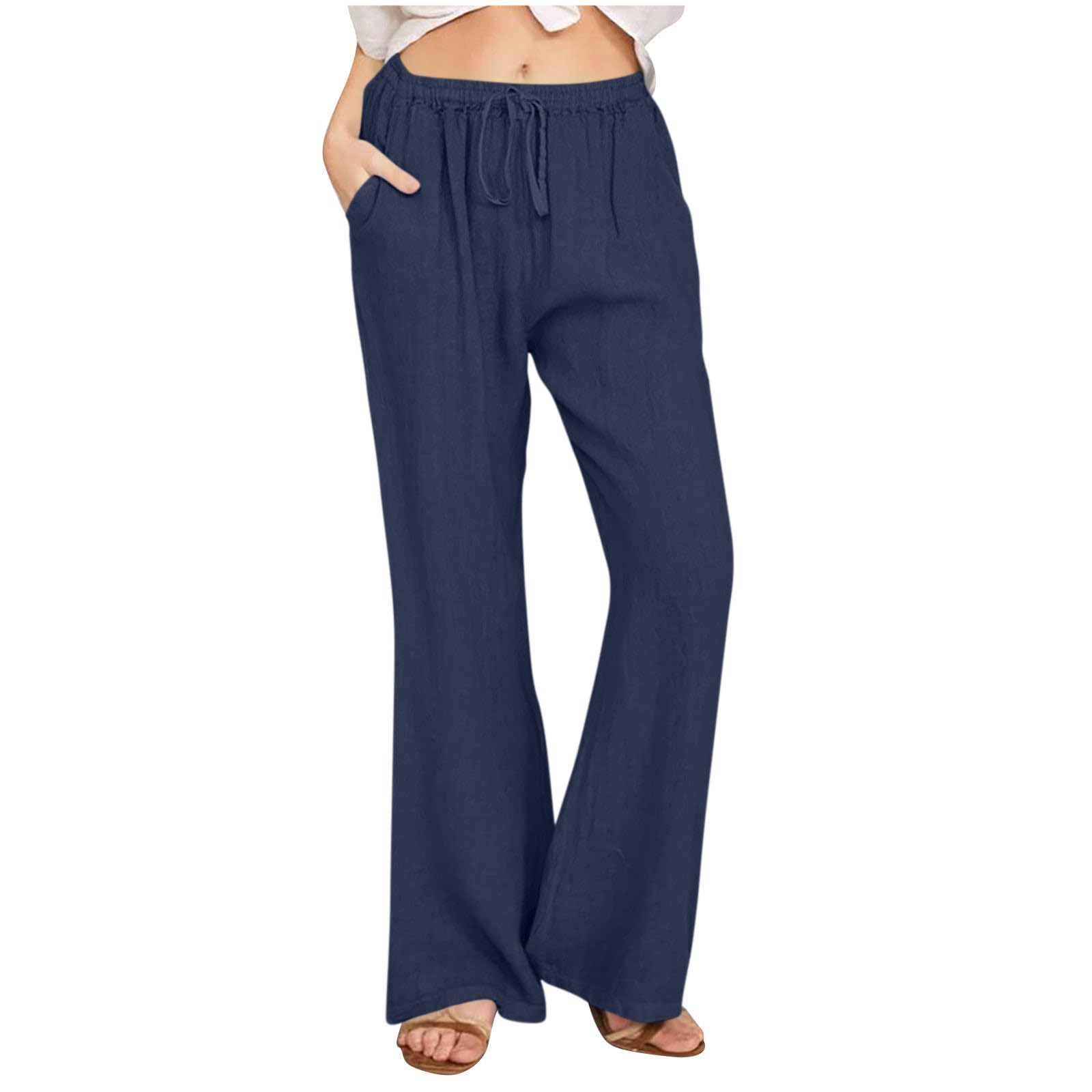 Linen Pants Women Summer Cotton Linen Pants Wide Leg Casual Palazzo Pants Cotton Linen Lounge Beach Pants with