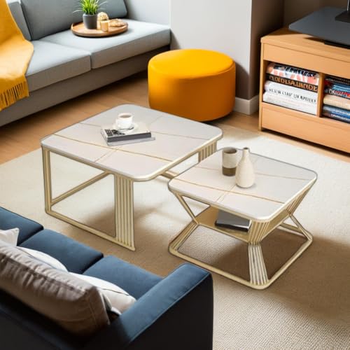 Image of Stacking Tea Tables in White and Gold with a Black Metal Frame and an Open Storage Shelf for a Modern Marble Look Coffee Table or Sofa Center Tables with Set of 2 (White Gold)