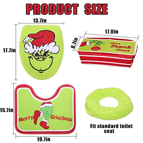 4-teiliges Weihnachts-Badezimmer-Sets, Grinchs Badezimmer-Sets mit WC-Deckelbezug, WC-Sitzbezug, Bodenteppich, Tankabdeckung für den Innenbereich und den Heimgebrauch – Bild 4
