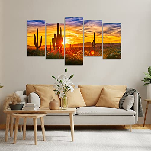 Saypeacher 5 Pieces Arizona Sonoran Desert Wall Art Botanical Cactus In Sunset Landscape Pictures Painting Southwest Decor For Home Living Room Stretched And Framed Ready To Hang 12"X24"X4Pcs+12"X32" #TOP1