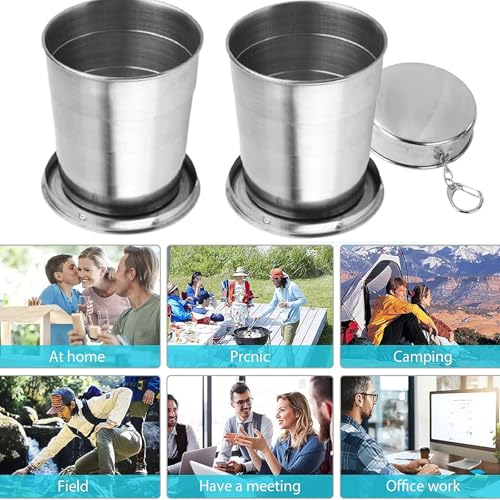 Lepidi 2 Stück Edelstahl Faltbecher, 250ml, Camping-Set mit Klappbecher, Messer, Gabel, Löffel, Silber