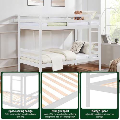 Image of Softa Full Over Full Bunk Bed with High Guardrail and Ladder,Wooden Bunk Bed with High Guardrail and Ladder for Kids, Teens, Dorm Rooms, and Guest Rooms,No Box Spring Needed,White