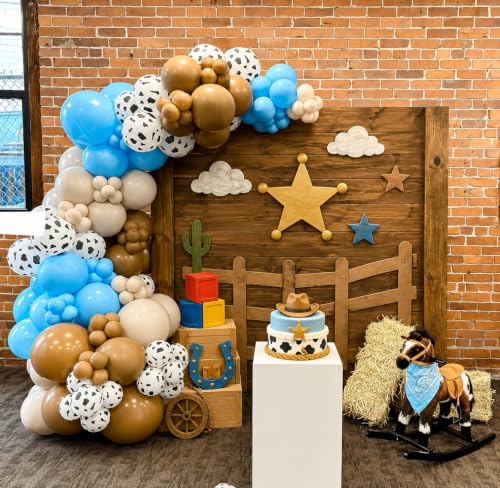 Image of HILAVO Cow Print Balloons, 12Inch Light Blue Brown Sand White and Cow Balloons for Boys Baby Shower Farm Western Cowboy Rodeo Story Birthday Party Decorations