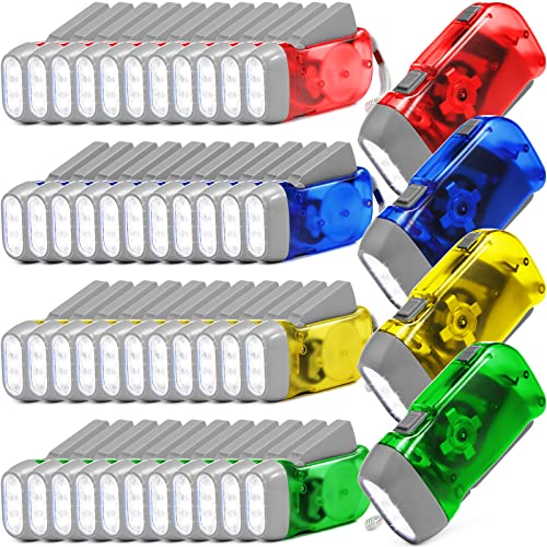 48 Pcs Hand Crank Flashlight No Battery Required Torch Light Manual Press Flashlight 3 LED Light Squeeze Flashlight for Shoeboxes Camping Hiking (Yellow, Green, Blue, Red)
