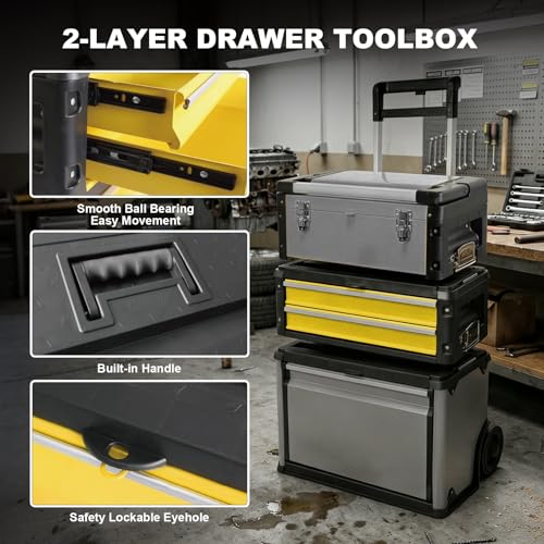 Image of Stackable Rolling Tool Box Portable Metal Toolbox Organizer with Wheels and 2 Drawers Separate Rolling Upright Trolley Tool Chest for Garage or Workshop,Yellow
