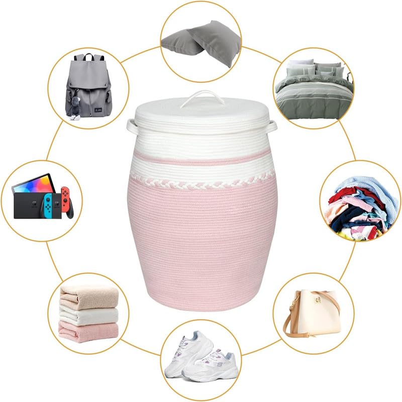 Image of Storage Cotton Rope Basket and Laundry Hamper for Dirty Clothes, Towels, Blankets, Pillows Storage in Living Room, Laundry Room and Bedroom (Pink White Zig Zag With Lid, 14x18 Inch)