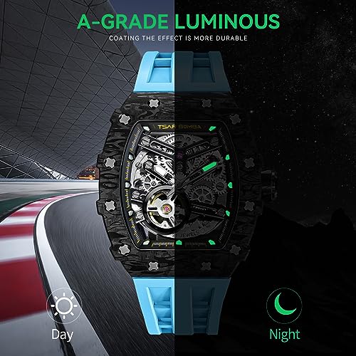 Image of TSAR BOMBA Men's Automatic Watch Tonneau Luxury Skeleton Watches for Men Mechanical 50M Waterproof Analogue Watches Mens Unique Cool Square Big Face Dial Wristwatch with Silicone Strap Band