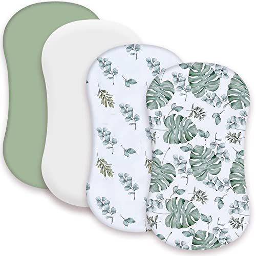 Image of AMROSE 4 Pack Soft Bassinet Sheets for Baby Girls Boys, Universal Fitted for Various Cradle and Bassinet Mattress Pad, Silk Touch Gentle Breathable Microfiber, Sage Green Leaf