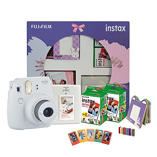 Fujifilm Instax Mini 9 Instant Camera (Smoky White) Happiness Box with 40 Shots, Compact