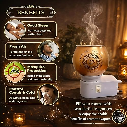 Image of Glass Kapoor Dani, Electric Camphor Diffuser Ganesh Ji Om Kapoor Burner | Multipurpose Incense Holder |Aroma Dhoop Dani|Camphor Burner Diffuser | Electrical Night Lamp for Home, Office, Temple