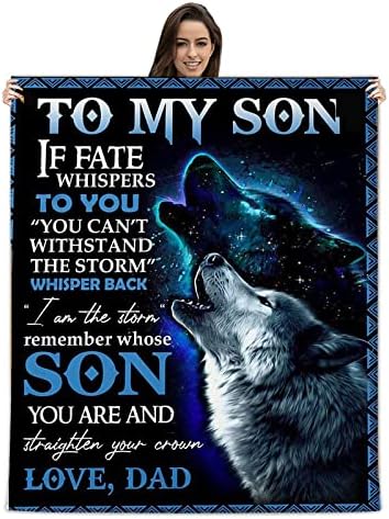 Personalized Message Blanket, To My Son From Dad Letter Quilt Blankets Love Encourage Postcard Mail Flannel Blanket, Best Gifts for Birthday Graduation Christmas