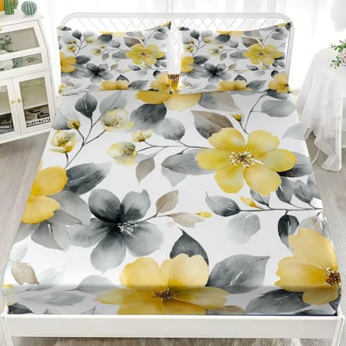 Erwachsener Spannbettlaken Set 160x200x30cm Weiß Spannbetttuch Weiche Atmungsaktiv Microfaser mit 2 Kissenbezug, Aquarell Gelbe Blumen Spannbetttücher Boxspringbett Bettlaken für bis 25-30 cm Matraze