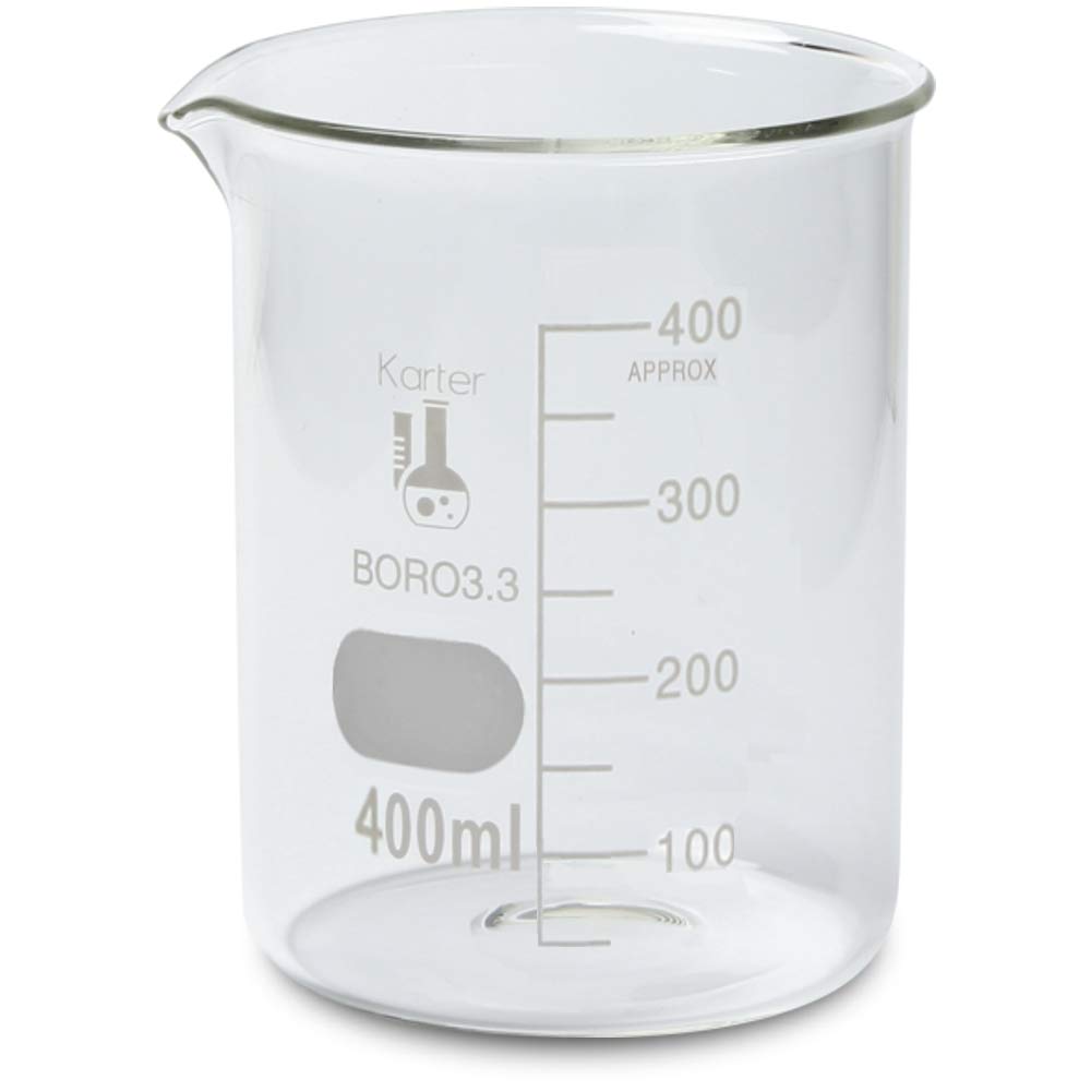 400ml Beaker, Low Form Griffin, Borosilicate 3.3 Glass, Spout & Printed Graduations, Karter Scientific 247K5 (Pack 18)