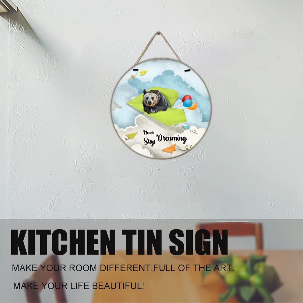 Finamille Inspirational Wall Art -Never Stop Dreaming,Bear Shabby Chic Round Sign for Kid's Bedroom Classroom Nursery 12x12 Inches Wooden Door Hanger