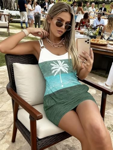 Image of Live Simple Coconut Tree Color Block Mini Dress for Women Summer Beach Vacation Tank Dresses Sleeveless Short Dress