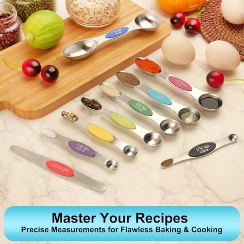 Image of Magnetic Measuring Spoons Set of 9 with Leveler, Color-Coded Dual Sided Stainless Steel Measuring Spoon Set, Stackable Teaspoon and Tablespoon Set for Baking, Cooking, Kitchen Gadgets.
