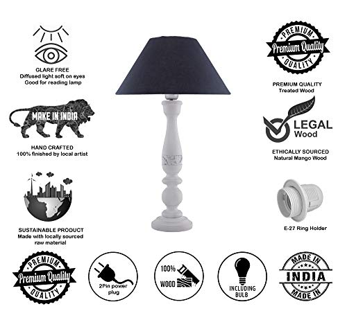 Image of Homesake Handcrafted Wooden Table Lamp for Bedroom & Living Room|Decorative Bedside Reading Lamp with Fabric Shade, E27 Holder|Bulb Included|White Floral Carved Base for Home Decor, Black