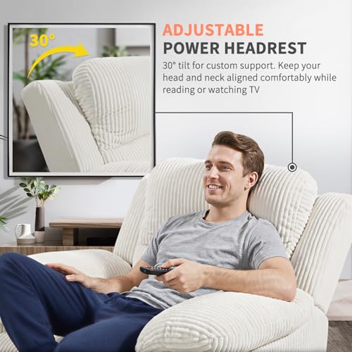Image of EONIX Real Zero Clearance Wall Hugger Power Recliner Chair with Adjustable Headrest for Small Spaces, RV, Living Room, Bedroom, 24.4'' Seat Width, 400lbs Heavy Duty, SXXY017992, Corduroy, Cream White