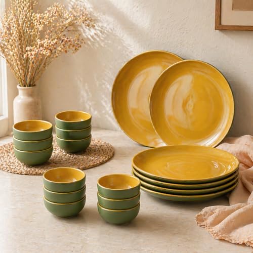 Image of The Earth Store Mustard Novelle Ceramic Dinner Set, 18 Pieces with 6 Dinner Plates & 12 Vegetable Bowls | Microwave & Dishwasher Safe | Dinner Set for Dining Table & Gifting