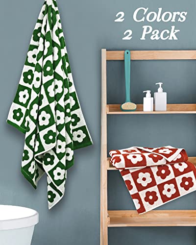 Jacquotha Checkered Floral Bath Towel Set Of 2, Soft Cotton Towels For Bathroom 55 X 28 In, Versatile And Practical, 440 Gsm, Rust Red & Dark Olive Green #TOP2