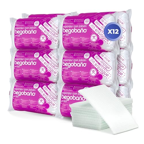 Begobaño Esponja Jabonosa Desechable Sin Aclarado. Esponja de Baño de Un Solo Uso con Gel Dermatológico e Hipoalergénico. Blanco. Caja con 12 pack de 10 Unidades