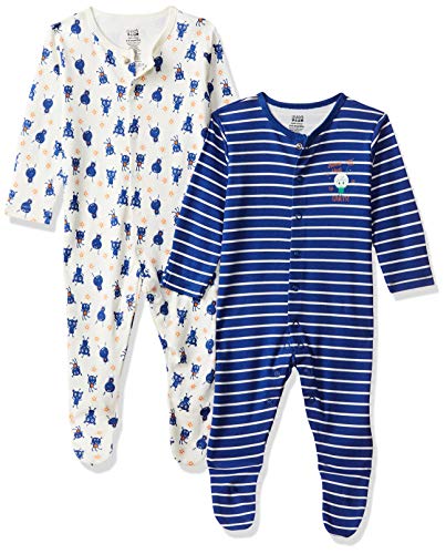 Image of miniklub Baby Front Open Long Sleeve Knitted Cotton Multi Color Sleep Suit, Pack Of 2 (3-6M)