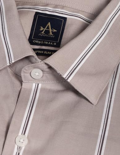 Image of Arrow Men's Striped Full Sleeves Slim Fit Semi-Cutaway Collar Cotton Formal Shirt Light Brown