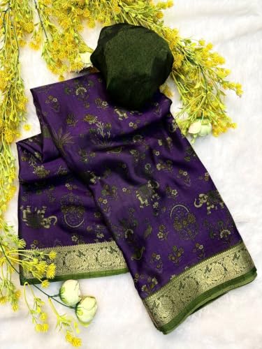 Image of Kalamkari Floral Prints Dola Silk Saree With Rich Zari Border Designer Pallu Attach Blouse Piece