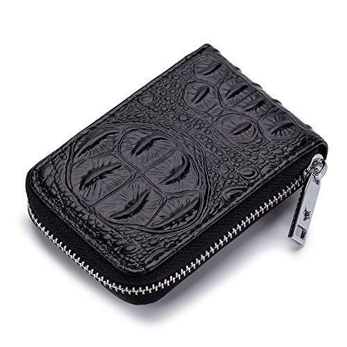 Wallets Genuine Leather For Womens Mens Crocodile Skin Embossed Coin Purse Mini Card Case Holder Zipper Pockets (Black,One Size)2