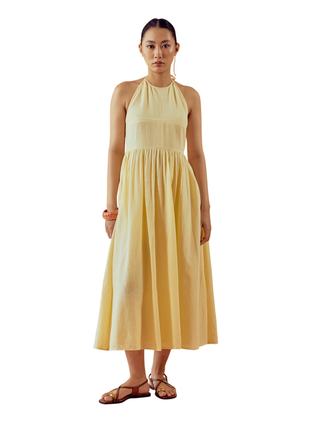 Women's Light Yellow Solid Linen Midi Dress-image-8