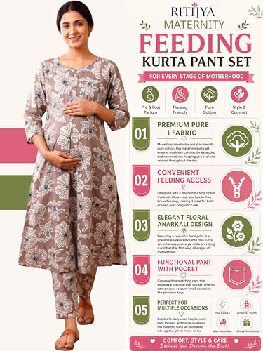 Image of RITIJYA Pure Cotton Feeding Kurta Pant Set for Women | Floral Anarkali Pregnancy Dress with Concealed Nursing Zipper Side Pocket | Pre & Post Partum | Maternity Dresses | Baby Shower Outfit