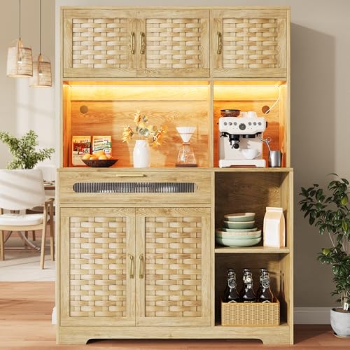 Raeln alacena de Cocina 180cm despensa Textura Madera aparador Puertas Cristal Trenzado cajones Mueble Auxiliar Adecuado para Comedor Salon Pasillo Entrada