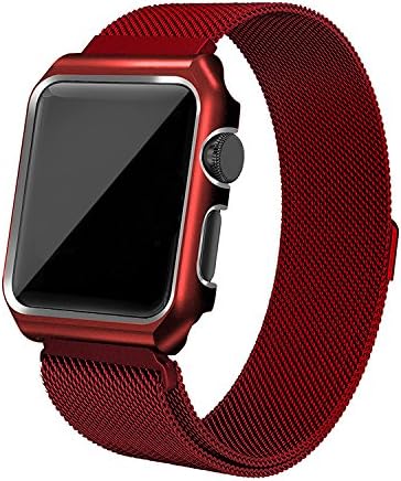 Metal Strap with Case for Apple Watch 42mm, Milanese Loop Stainless Steel iWatch Replacement Band with Magnetic Closure Clasp for Apple Watch Series 3, Series 2, Series 1, Sport and Edition (42MM, Red)