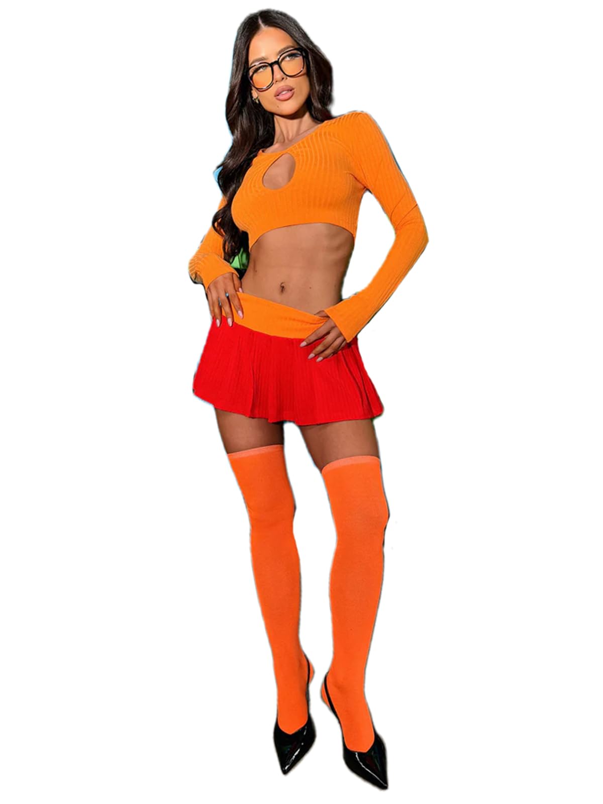 Halloween Velma Costume for Women Orange Long Sleeve Crop Top and Pleated Mini Skirt with Stocking