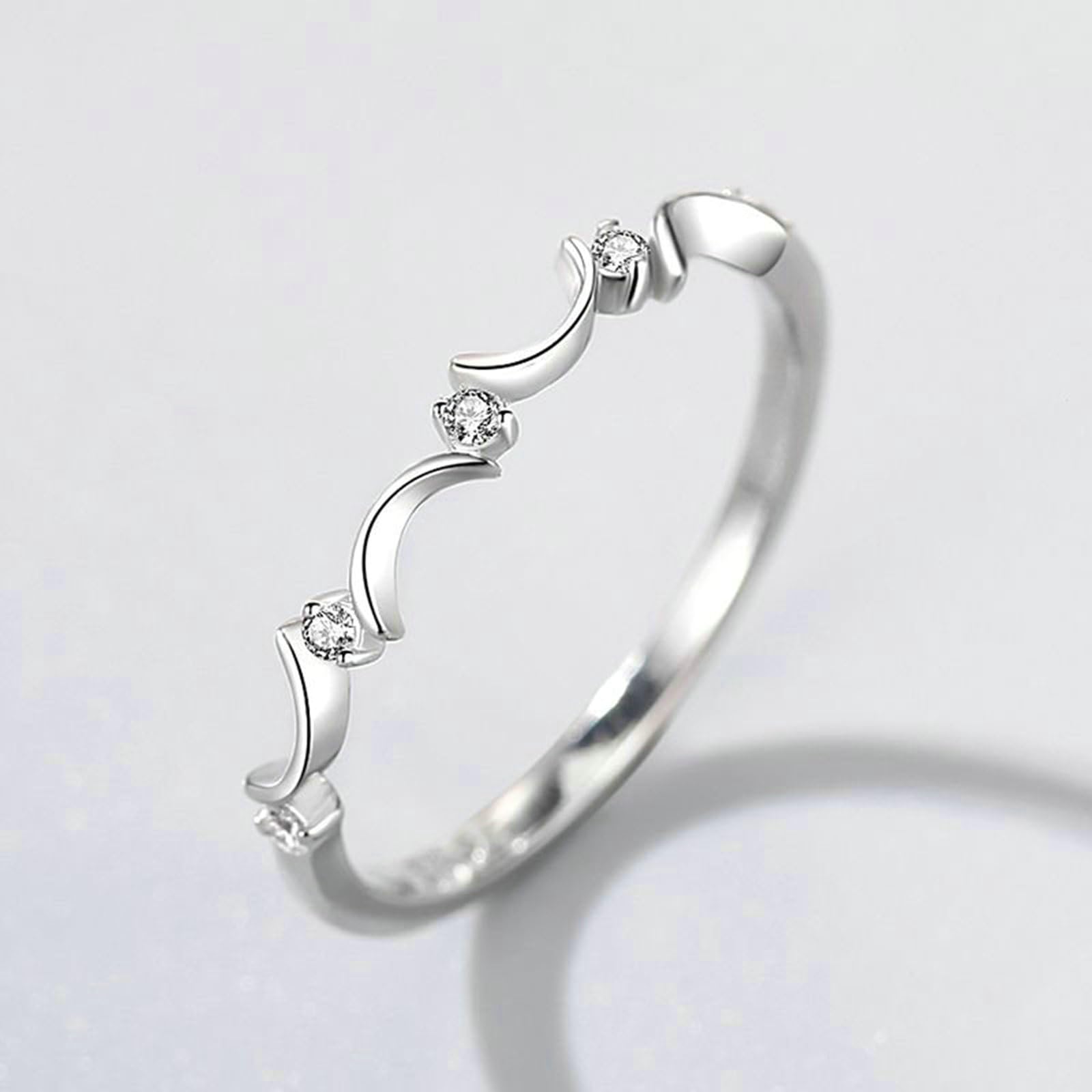 Bague Femme Or Blanc 9/14/18 carats, Anneau Empilable Lune Orné de Diamant, Bague Fine Or Véritable