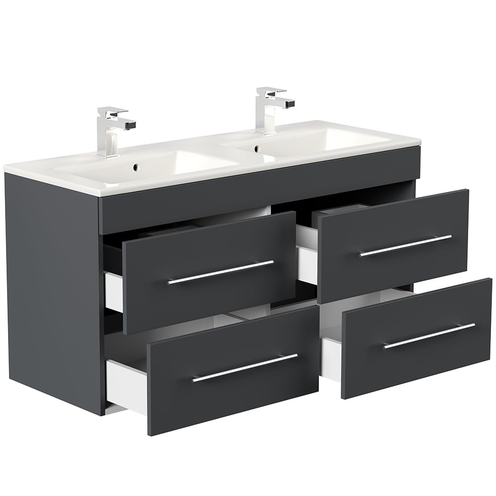 Lomadox Badezimmermöbel Badmöbel Set 4-teilig, Doppel-Waschtisch Waschplatz 120cm breit mit Doppel-Waschbecken, Schrank, Hochschrank und LED Spiegel, in grau