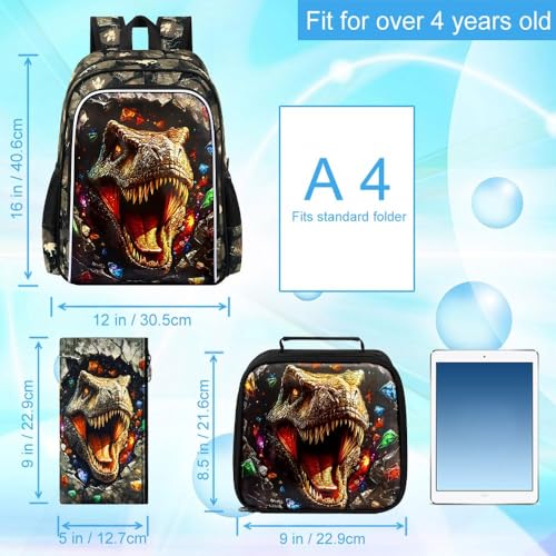 Image of 16 inch Dinosaur Backpack, Boys Kids Bookbag with Lunch Box, 3Pcs Dino School Backpacks for Elementary Preschool Kindergarten (Black)