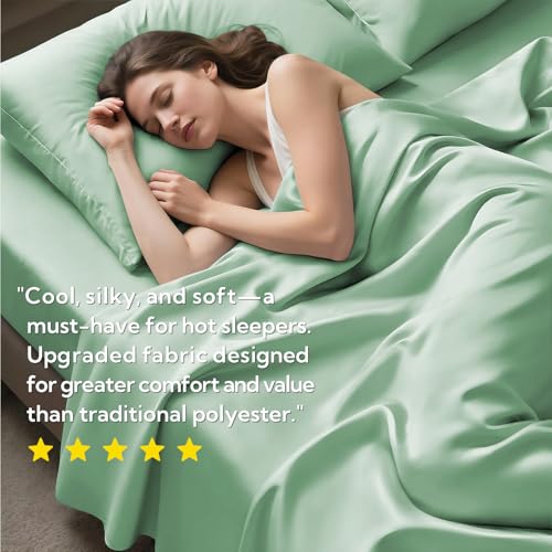 MR&HM Full Size Bed Sheets, 4-Piece Cooling Sheets, Rayon Derived from Bamboo & Polyester Blend, Soft & Silky, 15" Deep Pockets with Elastic Straps, Hotel Luxury for Hot Sleepers, Sage Green