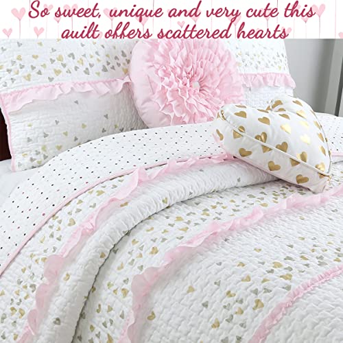 Cozy Line Home Fashions Pink Ruffle Metallic Printed Hearts Girl 100% Cotton Reversible Quilt Bedding Set, Coverlet, Bedspreads (Sparkling Hearts, Queen - 3 Piece: 1 Quilt + 2 Standard Shams)