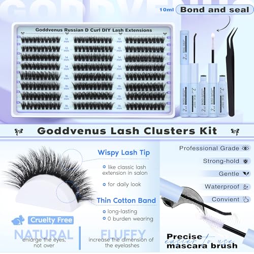 Image of Lash Clusters Kit Wispy Lashes clusters Natural Fluffy Eyelashes Clusters 12mm 14mm 16mm Mixed Cluster Eyelash Extensions Kit D Curl DIY Individual Lashes Kit with Bond and Seal Lash Glue