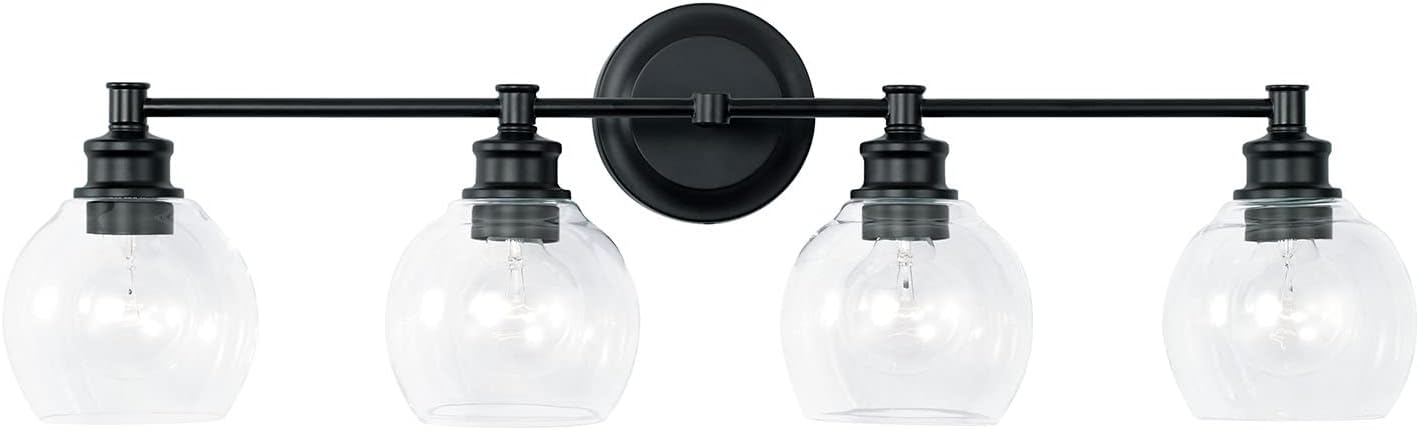 Capital Lighting 121141MB-426 Mid Century Modern Clear Glass Bath Vanity Wall Mount, 4-Light 400 Total Watts, 10" H x 32" W, Matte Black