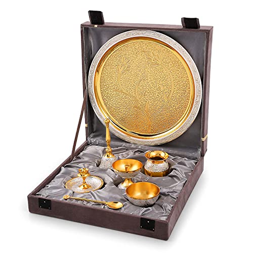 Best Puja Thali Sets: Stainless Steel vs Brass 29 Brass Globe Pooja Thali Set with Box | Golden Tone Pooja Thali Se...